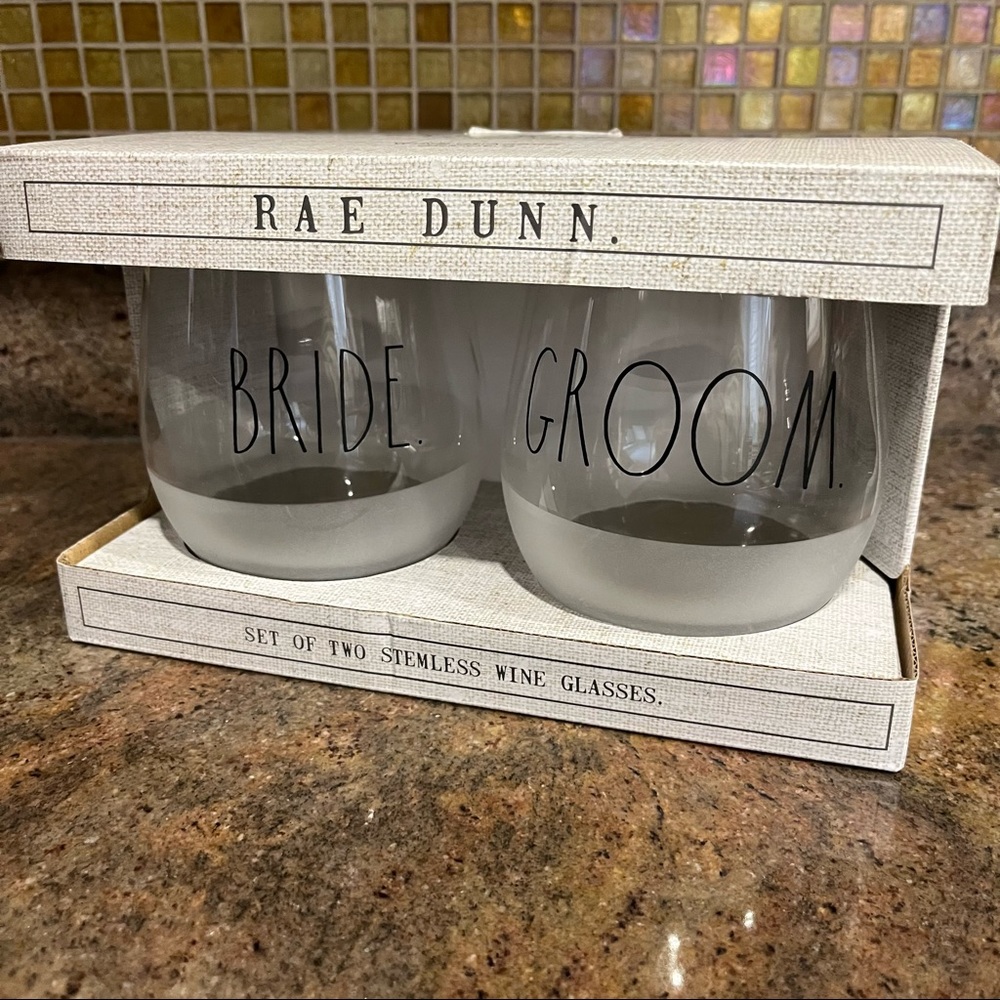 RAE DUNN “Bride Groom” Set of 2 Stemless Wine Glasses